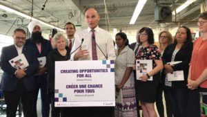 Minister Duclos, at a podium reading "Creating Opportunities for all", surrounded by a crowd of other people