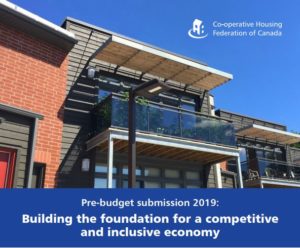 The balcony of a co-op building against a blue sky, with text reading "Pre-budget submission 2019: Building the foundation for a competitive and inclusive economy"