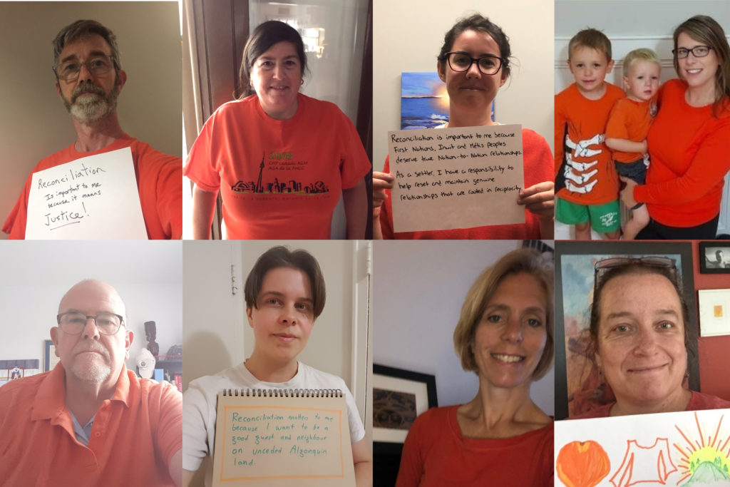 A collage of photos of CHF Canada staff wearing orange and/or holding up signs about what reconciliation means to them