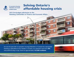 A streetcar passes in front of the Main-Gerrard Housing Co-op.