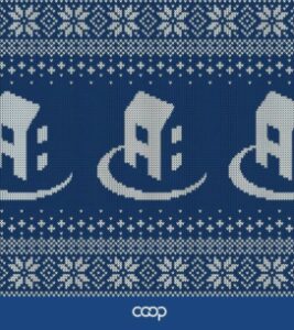 CHF Canada house logo in a knit holiday sweater pattern in blue