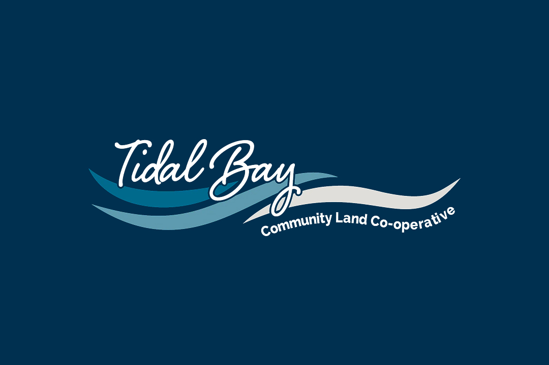 Logo for "Tidal Bay Community Land Co-operative" featuring stylized blue and white waves on a dark blue background, reflecting the spirit of co-operative housing and community values inspired by CHF Canada.