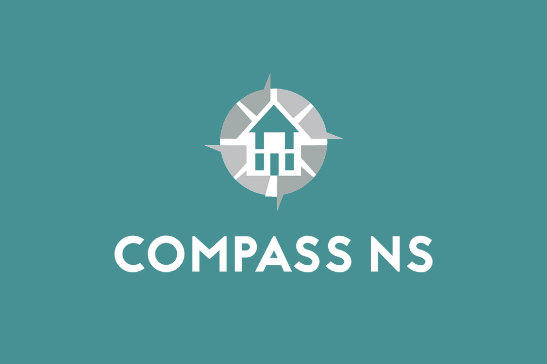 White house icon inside a compass rose above the text "COMPASS NS" on a teal background, representing Co-operative Housing.