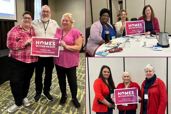 Three groups of people pose indoors holding “Homes Within Reach—Keep our communities inclusive” signs at a CHF Canada event promoting co-operative housing and inclusive communities.