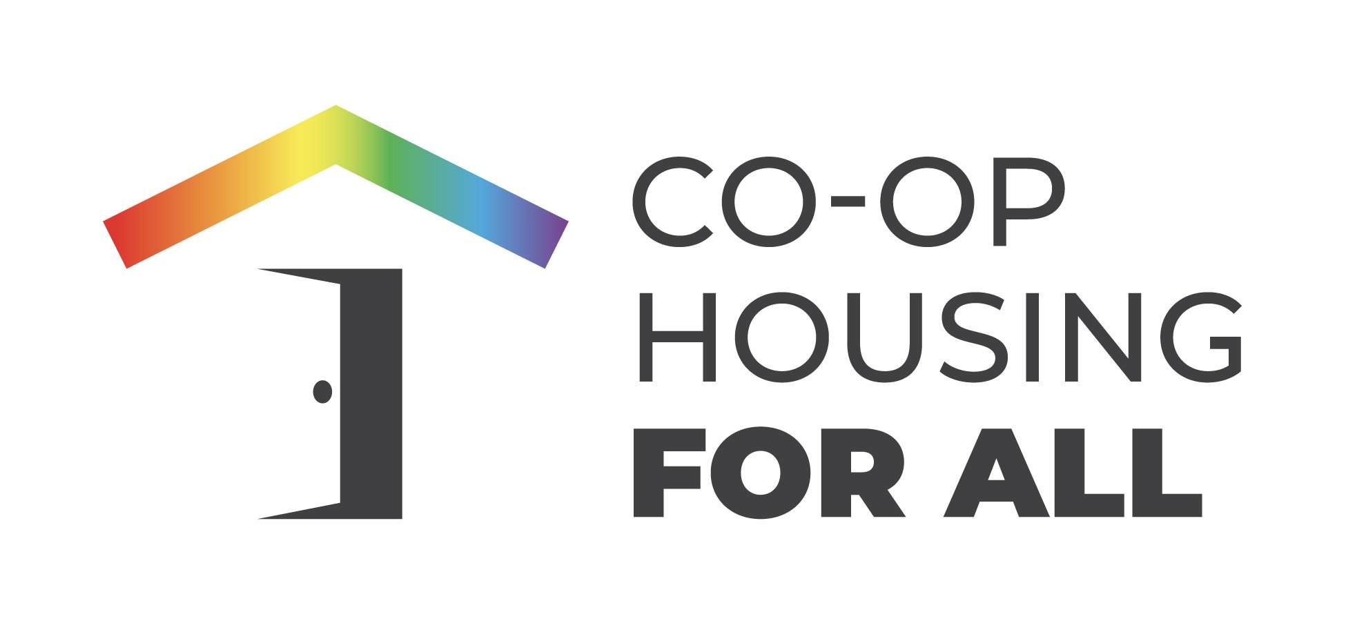 Logo with a house roof in rainbow colors over an open door, next to the text "CO-OP HOUSING FOR ALL" in bold and regular black letters, symbolizing co-operative housing inspired by CHF Canada.