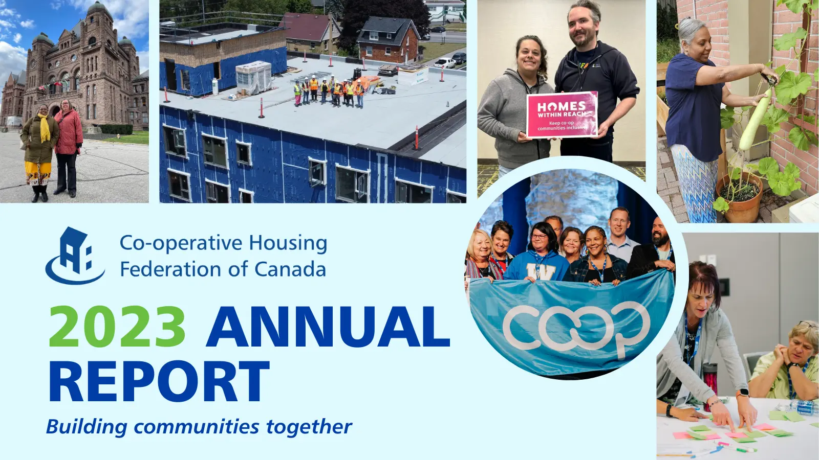 CHF Canada 2023 Annual Report cover featuring images of a rooftop gathering, people holding a sign, and a group with a “COOP” banner—celebrating co-operative housing and community spirit.