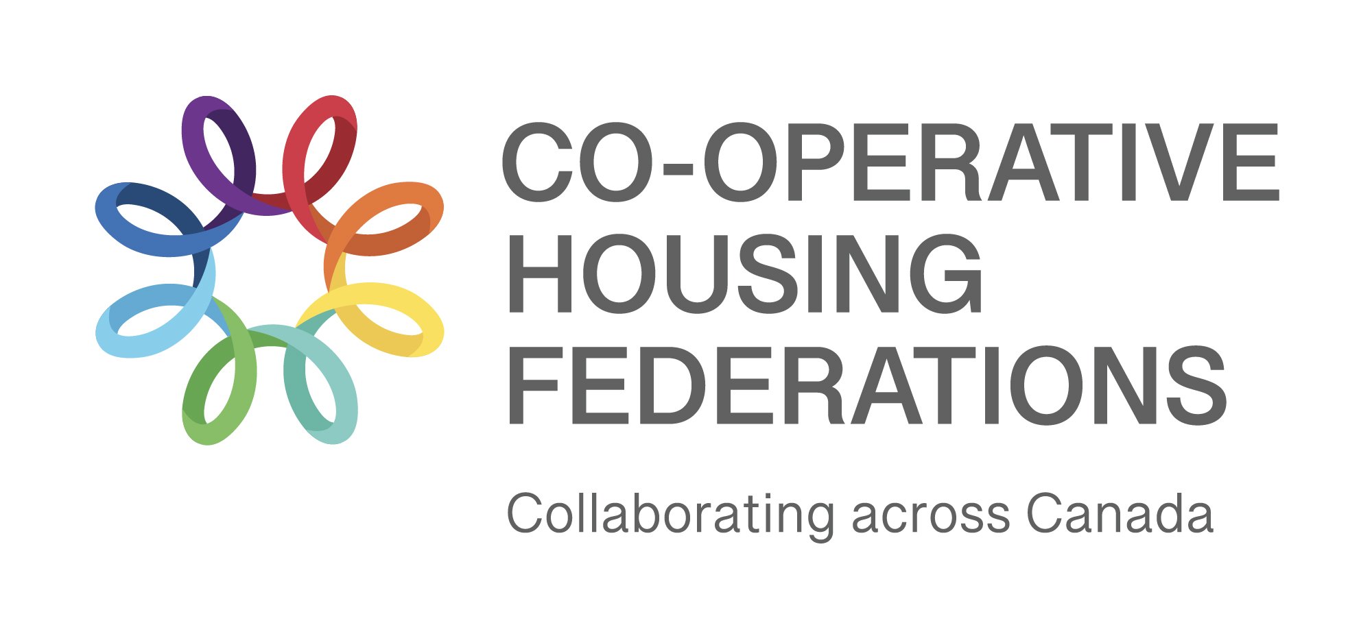 Logo for Co-Operative Housing Federations featuring a multicolored abstract design on the left and the text “Collaborating across Canada” beneath the organization name, highlighting CHF Canada's commitment to innovative co-operative housing.