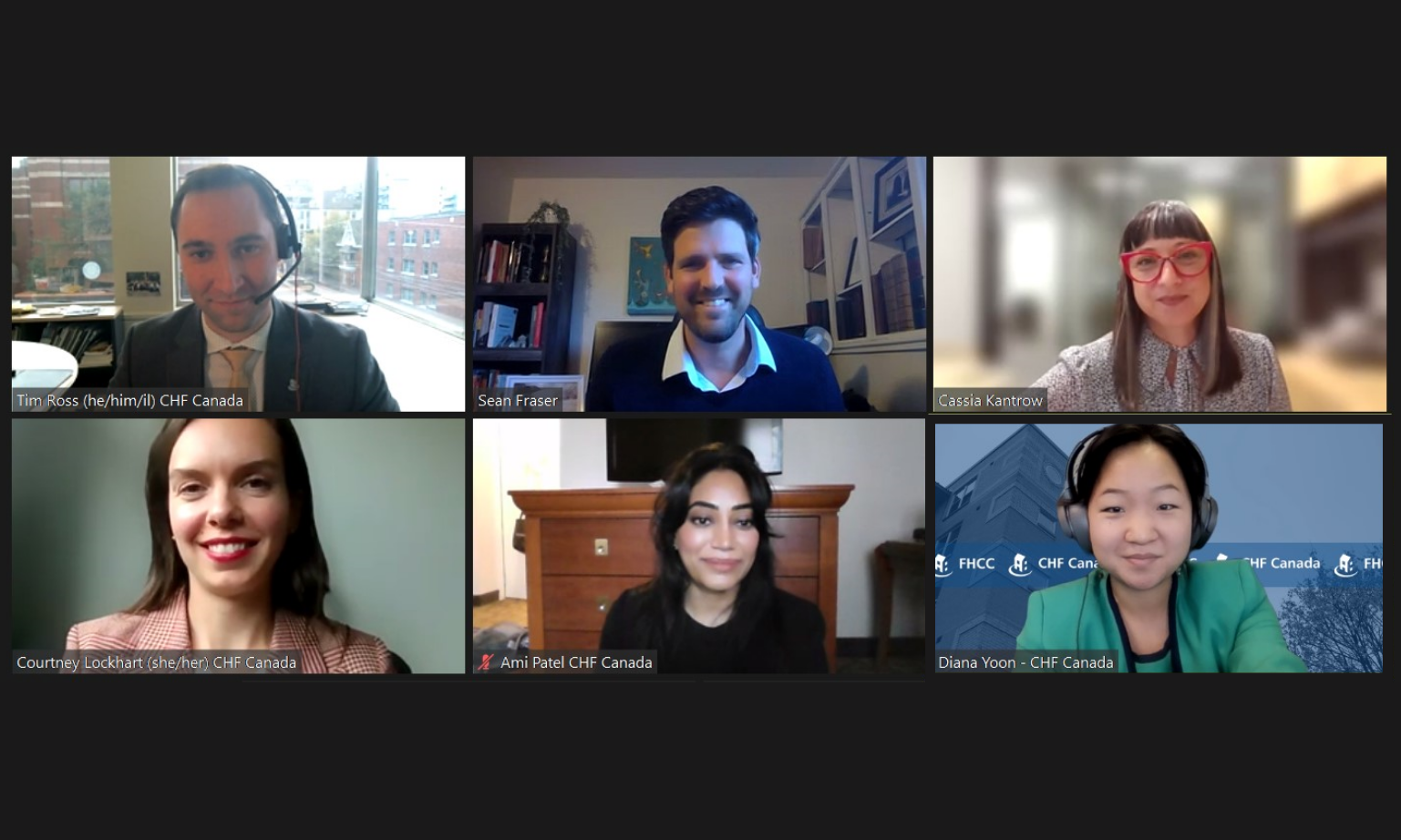 A virtual meeting with six people, each in their own video call window, facing the camera and smiling. Some windows display name labels and organizational affiliations like CHF Canada, highlighting their commitment to co-operative housing.