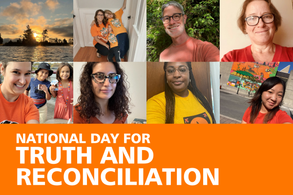 A collage of people from Co-operative Housing wearing orange shirts for National Day for Truth and Reconciliation, with a banner of the event name and CHF Canada at the bottom.