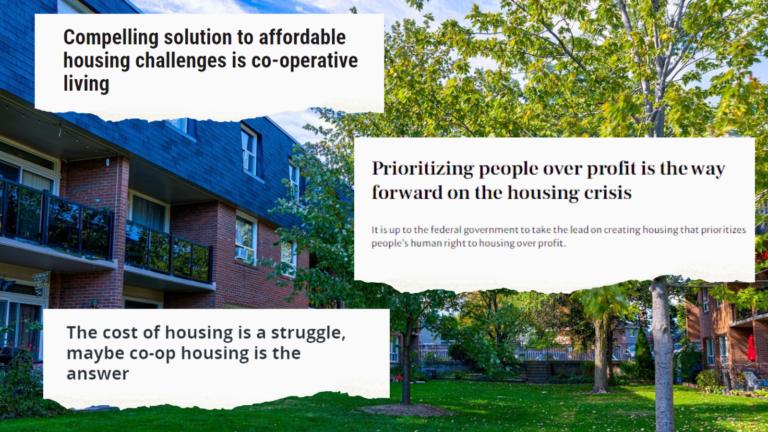 Apartment building and trees with overlaid text promoting Co-operative Housing as a solution to housing challenges, emphasizing people over profit in addressing the housing crisis, supported by organizations like CHF Canada.