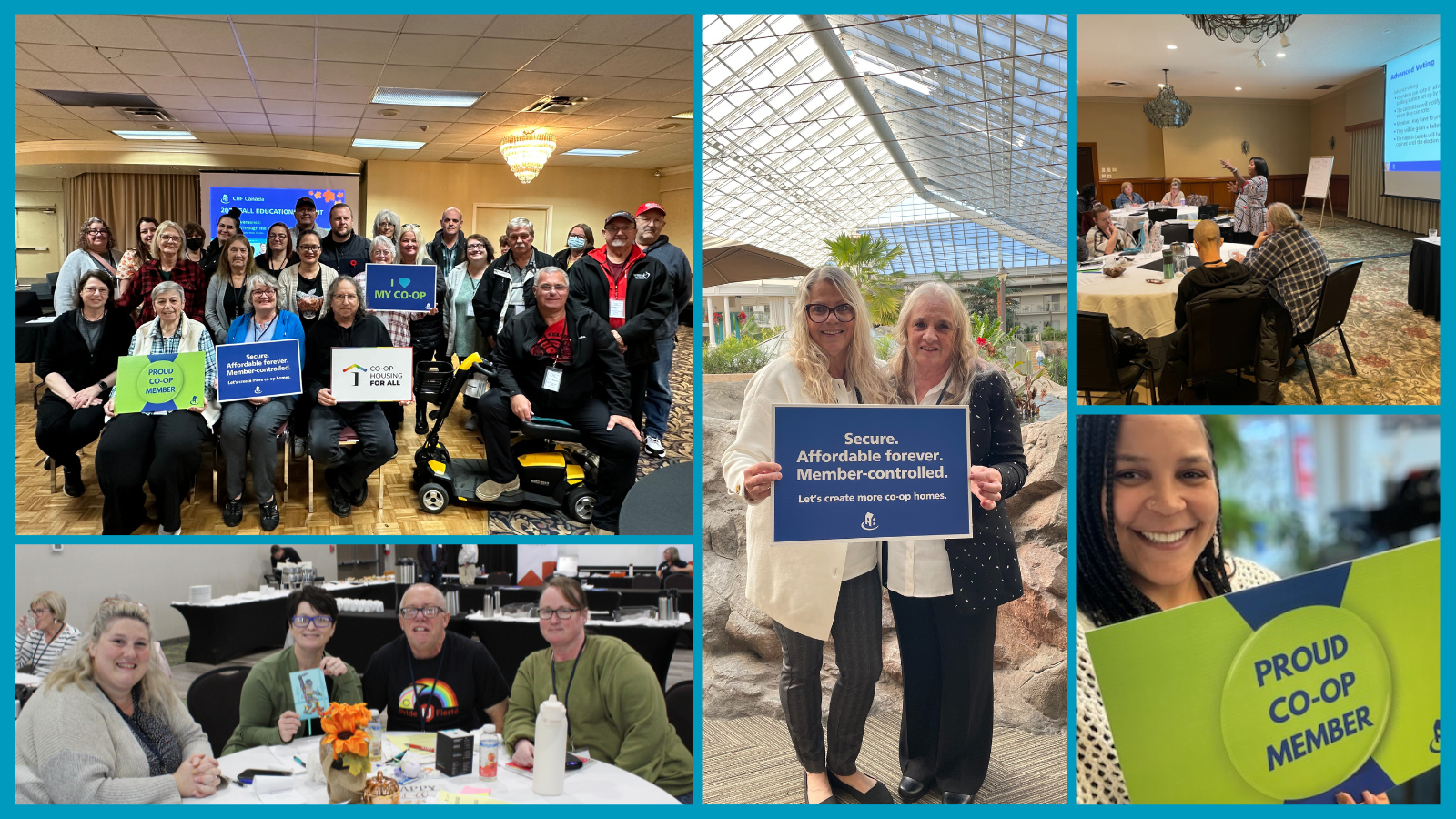 A collage of people at a co-op event, including group photos, individuals holding CHF Canada and Co-operative Housing signs, and participants seated at tables in conference rooms.