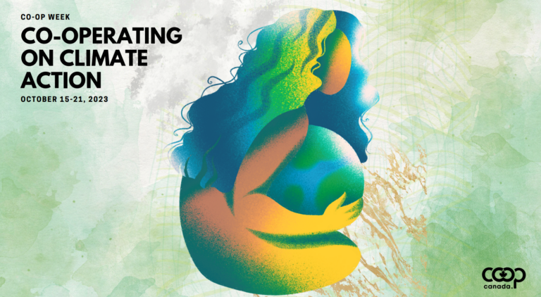 Abstract illustration of a seated person in green and blue tones, alongside text promoting Co-op Week and climate action, dated October 15-21, 2023. Features CHF Canada logos and highlights the role of co-operative housing in building sustainable communities.