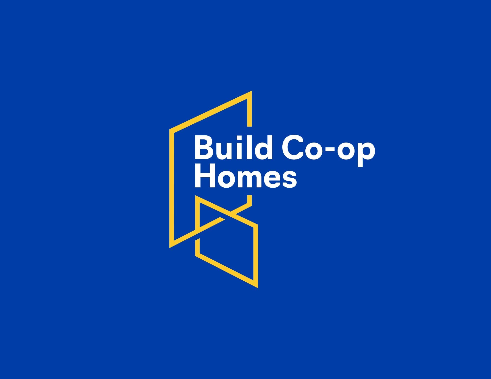 White text reading "Build Co-op Homes" is placed over a blue background with a geometric yellow outline resembling abstract doors or walls, reflecting CHF Canada's commitment to advancing co-operative housing.