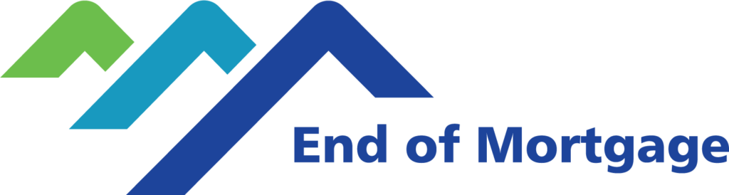 Logo with three stylized roof shapes in green, blue, and dark blue, next to the text "End of Mortgage," highlighting a Co-operative Housing theme on a light background.